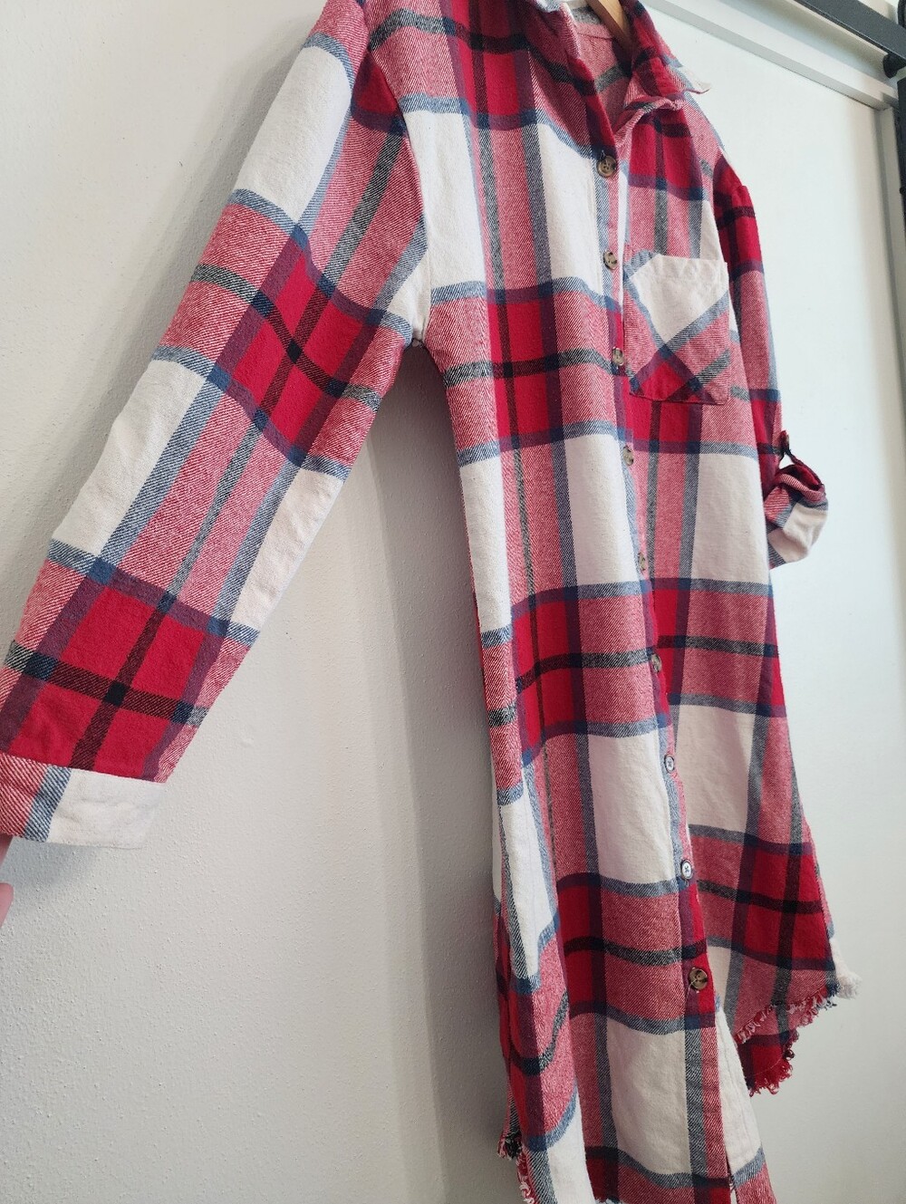 Plaid Flannel Dress Duster Button Down Long Sleeve Red White Med Dizzy Lizzy - Picture 8 of 15